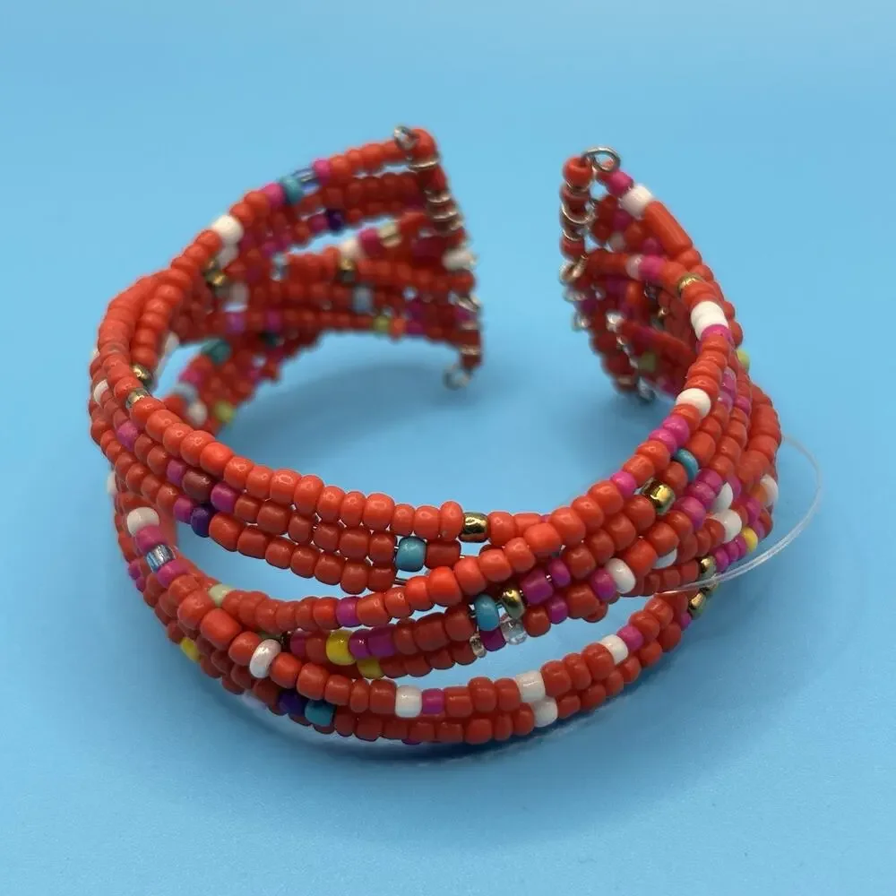 Red Multicolored Multi Strand Beaded Coil Bracelet Cuff‎ Bangle 6